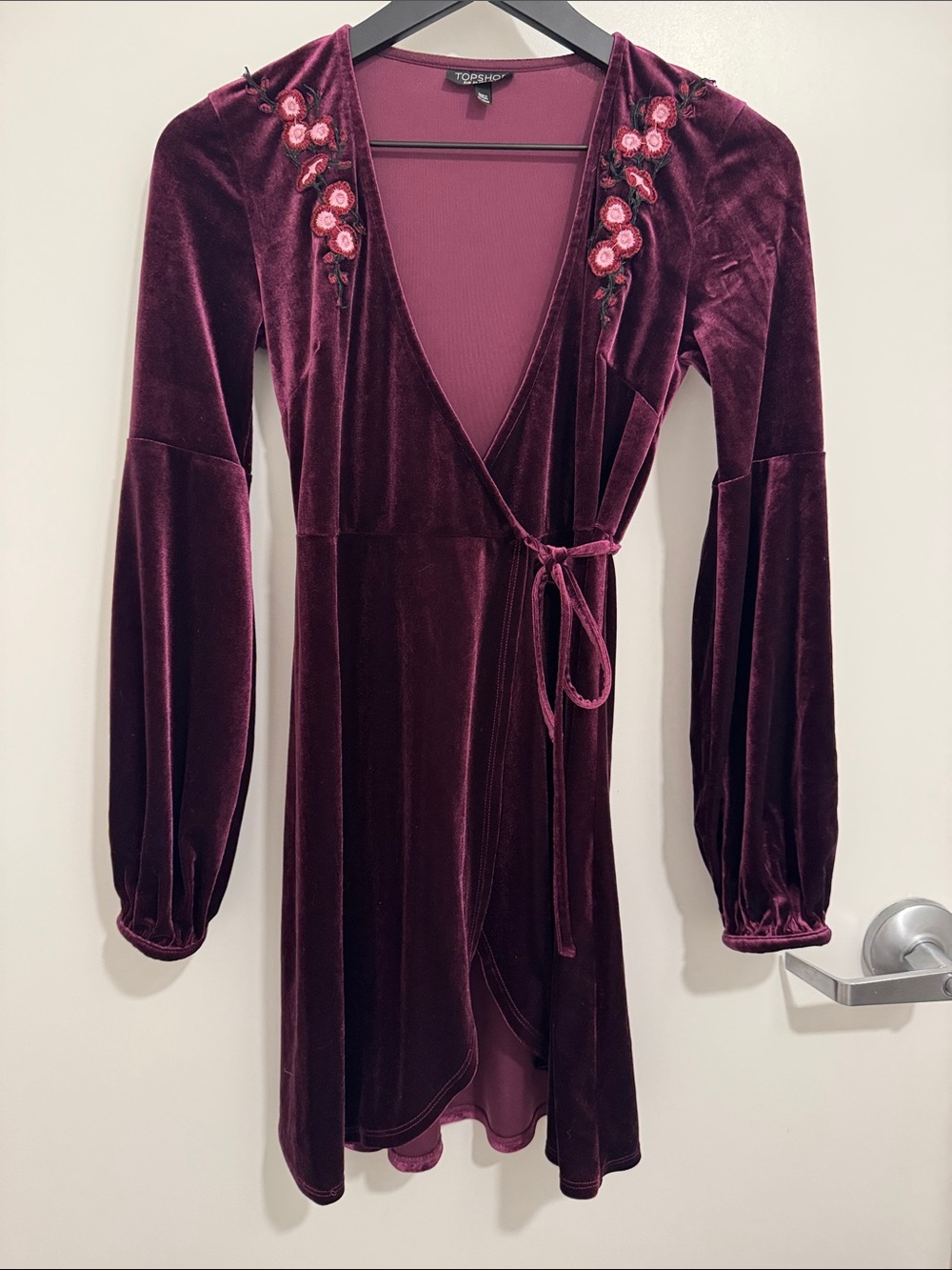 Topshop Burgundy Velvet Wrap Dress with Pink Floral Embroidery